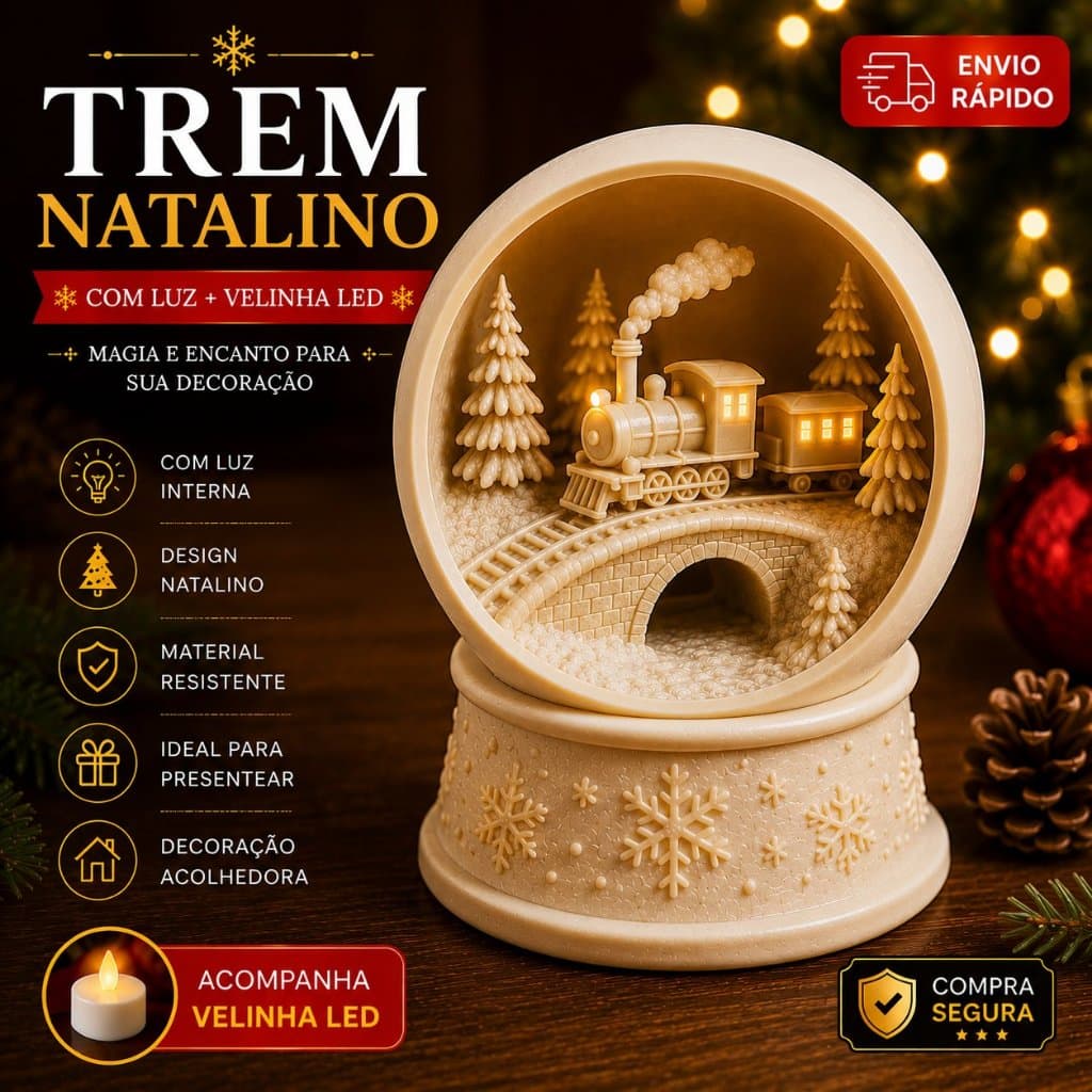 Trem Natalino com Luz LED + Velinha LED – Globo de Natal Decorativo