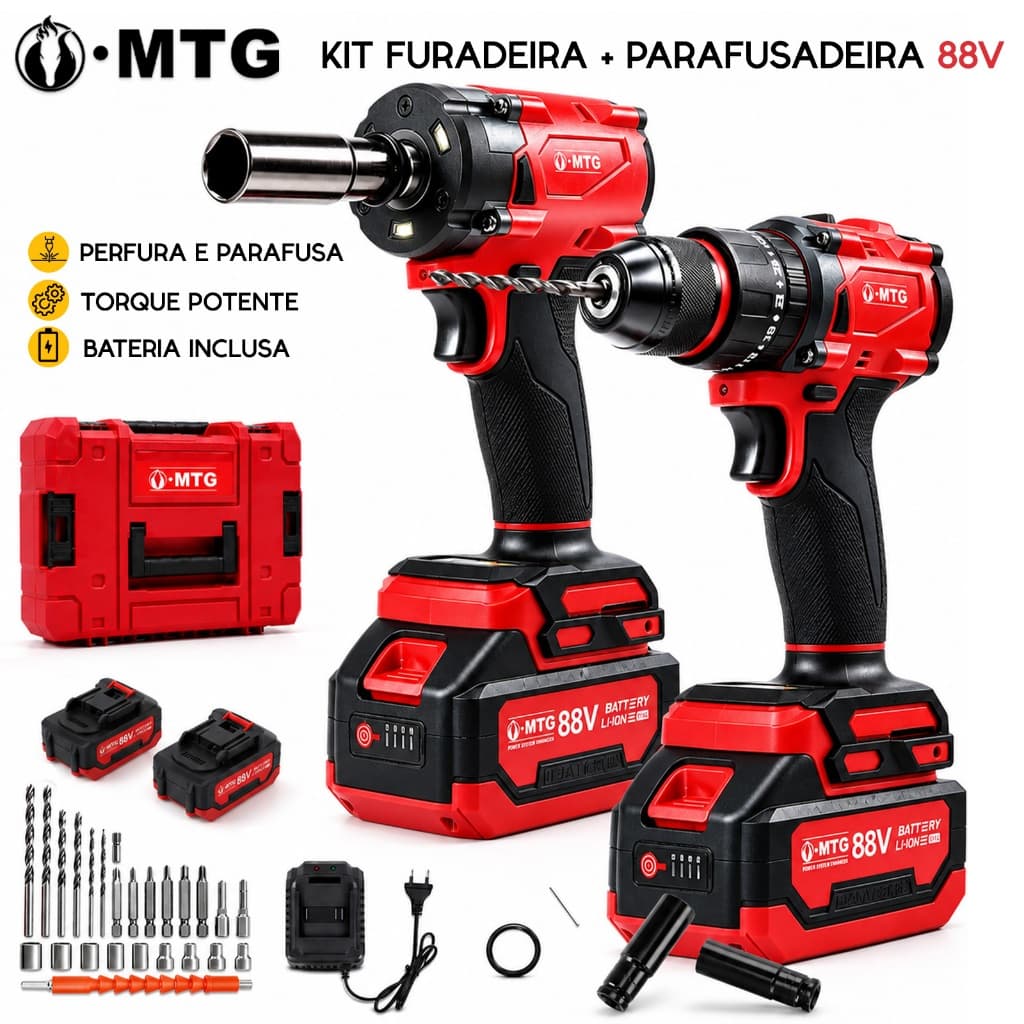 Kit MTG Furadeira Parafusadeira e Chave de Impacto 88V, 4 Baterias e Acessórios