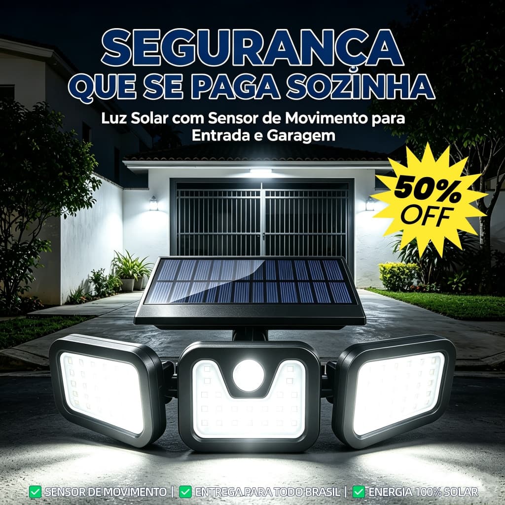Luminária Solar 122 LEDs 3 Cabeças 270° – Sensor de Presença, Controle Remoto, IP65, Autonomia de 8h S2