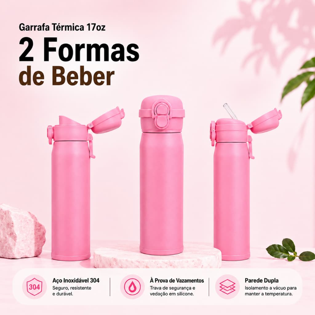 Garrafa Inox Térmica 2 Formas de Beber 500ML 17oz COPA ISOLANTE COM MÃO Garrafa Térmica Alça Academia Inox