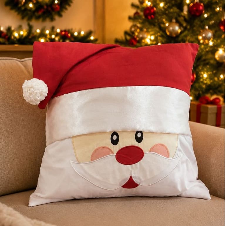 Almofada Papai noel  cheia e com ziper  decorativa com gorro do Papai Noel 40 cm x 40 cm.