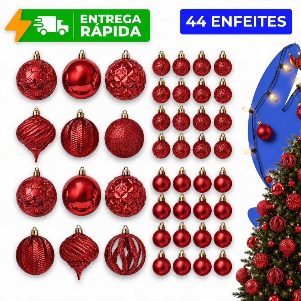 Kit 44 Bolas de Natal Premium Vermelhas 6cm e 3cm Enfeites Árvore Fosca Brilhante Glitter Sortidas