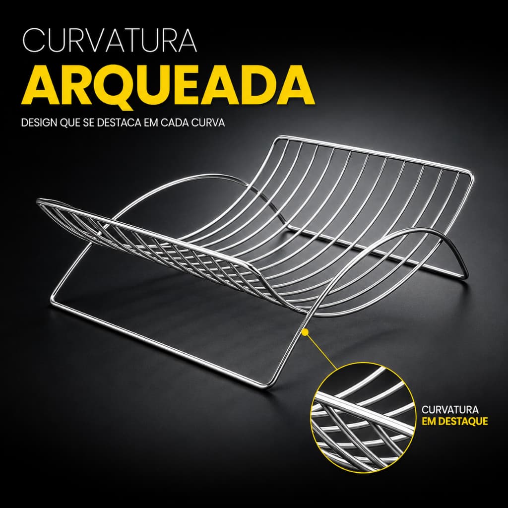 Fruteira Arqueada Aramada Cromada de Mesa Design Moderno para Bancada Organizador de Frutas de Cozinha Águia
