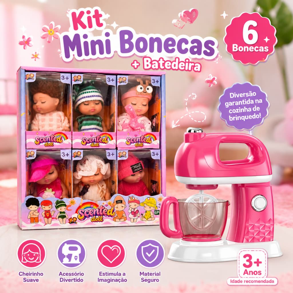 kit Batedeira Infantil Realista + 6 Mini Bonequinhas Colecionavel Brinquedo dia das Criança