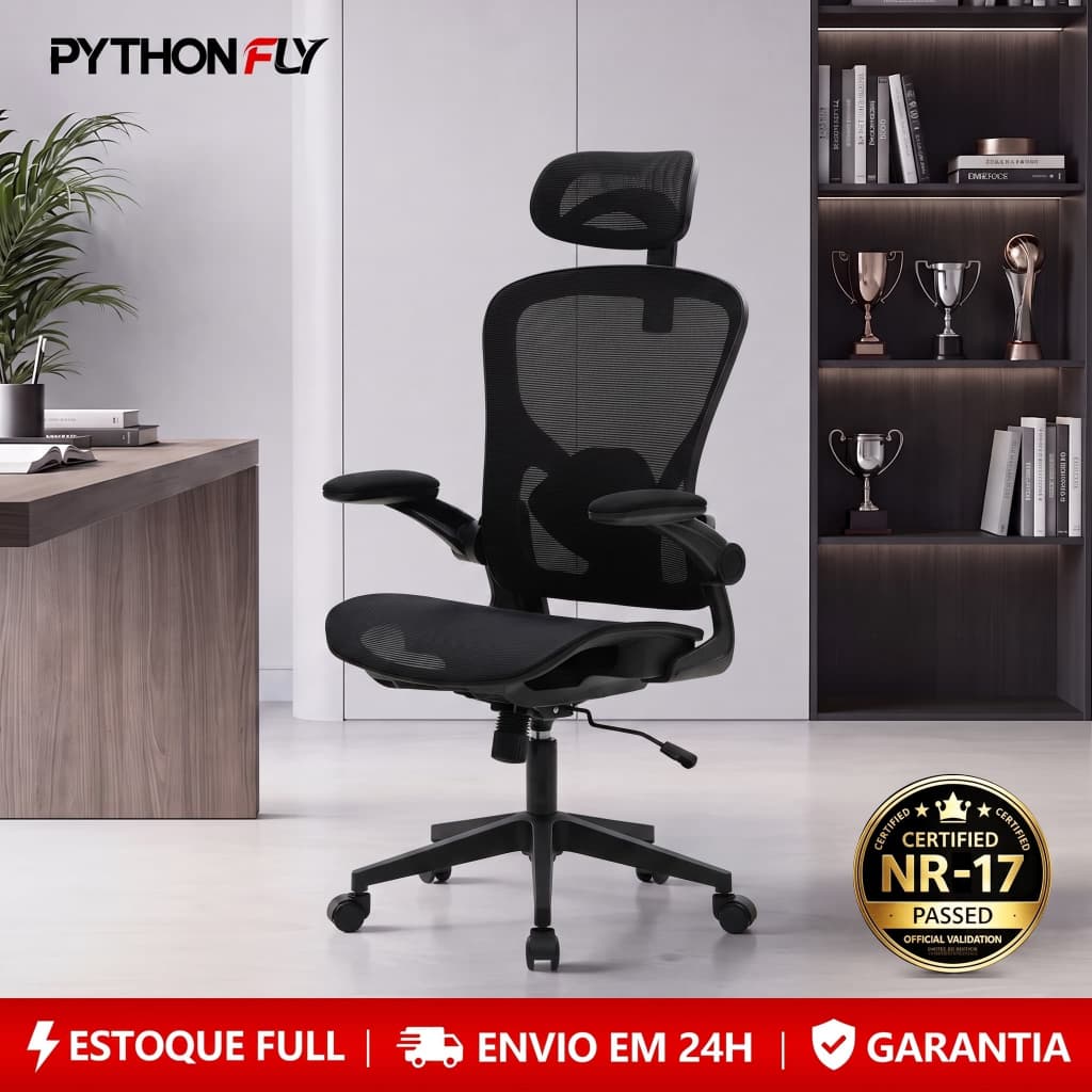 Cadeira Presidente Ergonômica Com Apoio De Cabeça Tela Mesh Preta Regulável Apoio Lombar Braços Dobráveis Confortável
