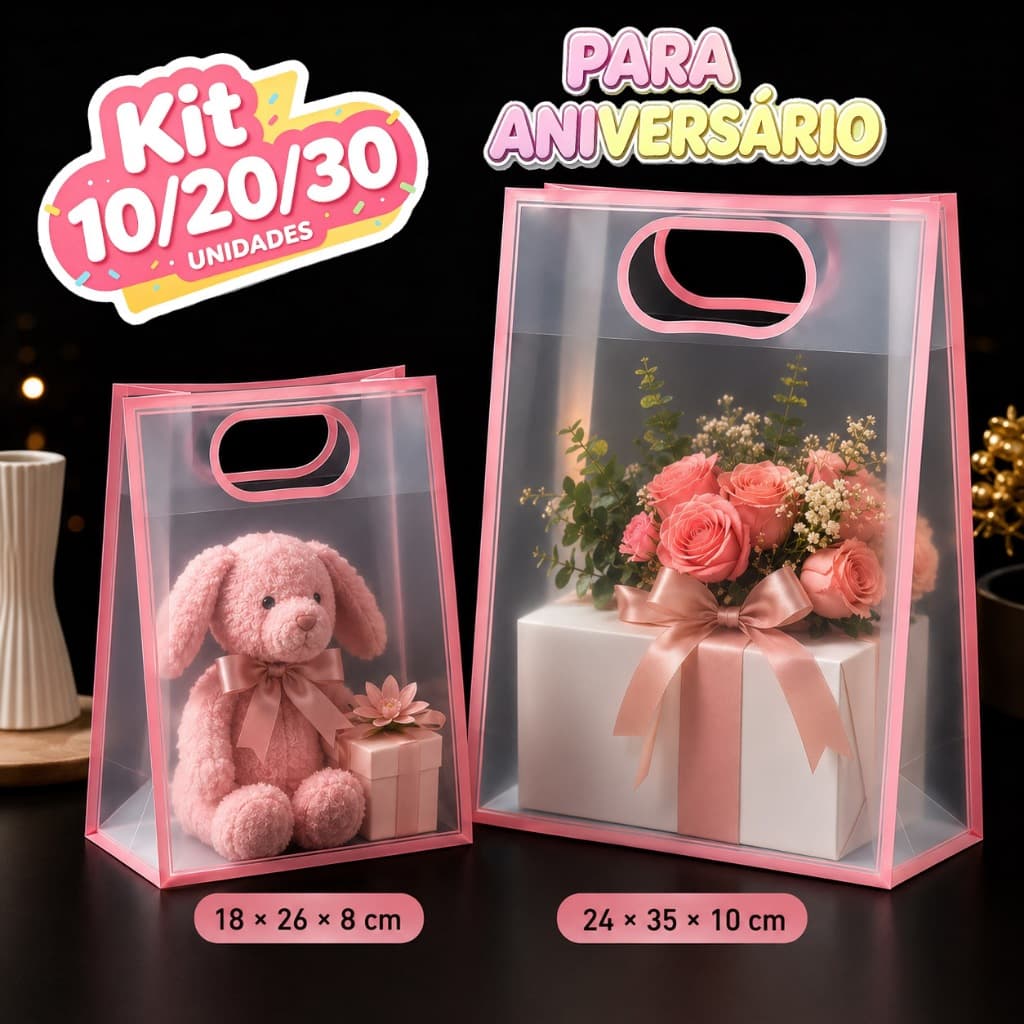 Kit 10/20/30/50 Sacolas de Presente PVC Transparente com Alça Integrada 18x26x8cm para Aniversário Natal Lembrancinhas