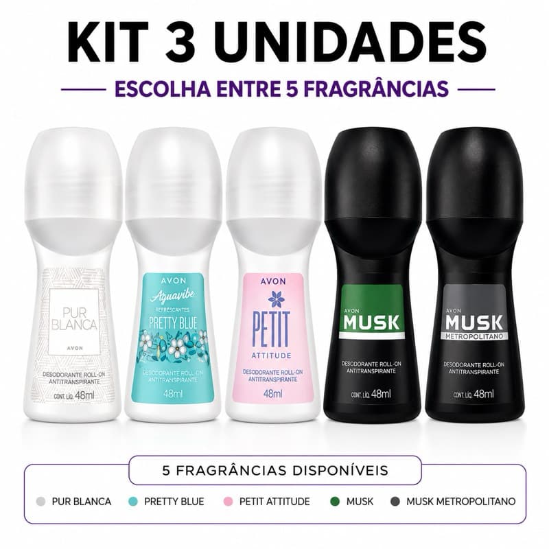 Kit 3 Desodorantes Roll On Avon 50ml Cada Antitranspirante  Proteção 48h