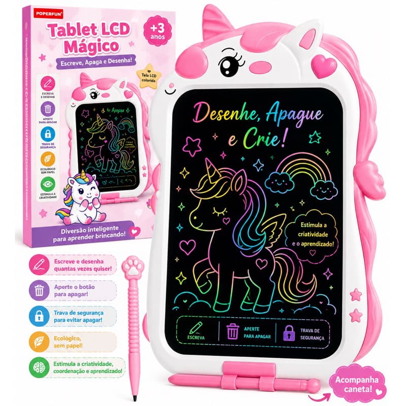 Lousa Mágica Infantil Tablet LCD Colorida Unicórnio 8,5” com Caneta, Apaga com 1 Clique