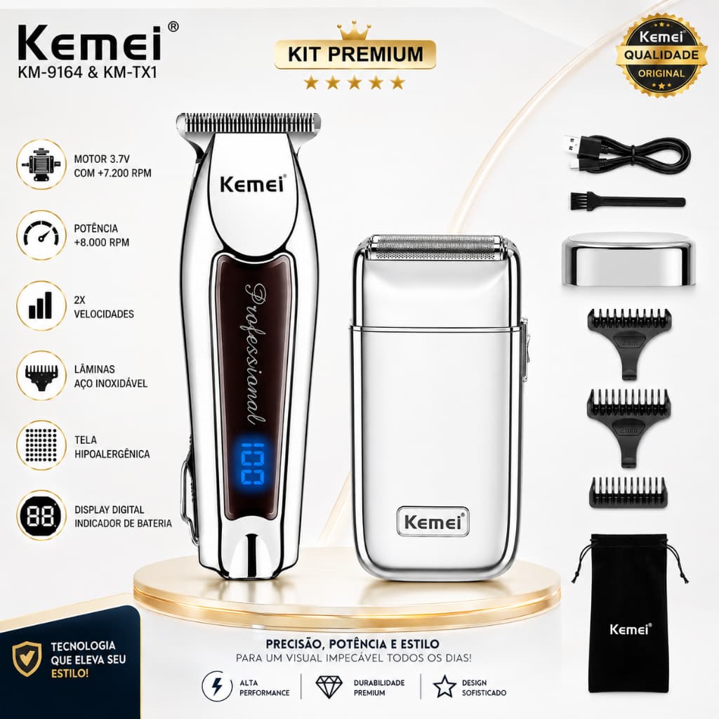 kit 2 Máquinas Kemei Máquina de Acabamento km-9164 +7200RPM + Barbeador km-Tx1 +8.000RPM Profissional Premium