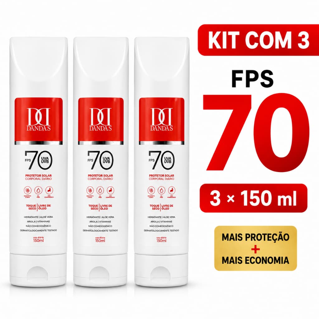 kit 3 Antissinais, Protetor solar DANDAS 70FPS,  150 ml com Toque seco, UVA/UVB, FACIAL E CORPORAL