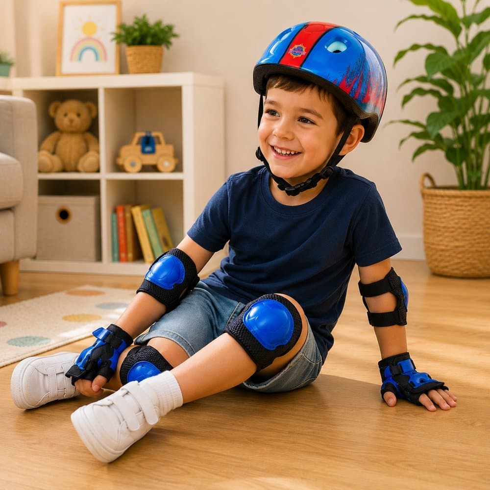Kit Proteção e capacete Infantil Completo 7 peças - azul com detalhes em vermelho.