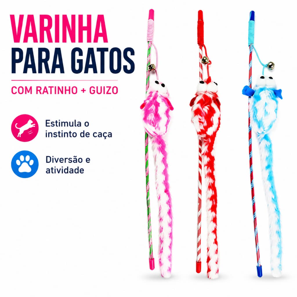 Varinha para Gatos com Ratinho, Catnip e Guizo Brinquedo Interativo Cores Sortidas