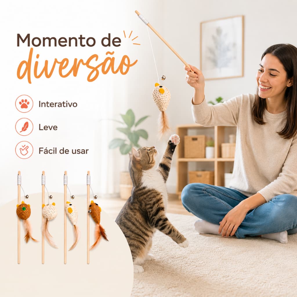 Varinha Interativa para Gatos com Bichinho de Sisal, Penas e Guizo Modelos Sortidos