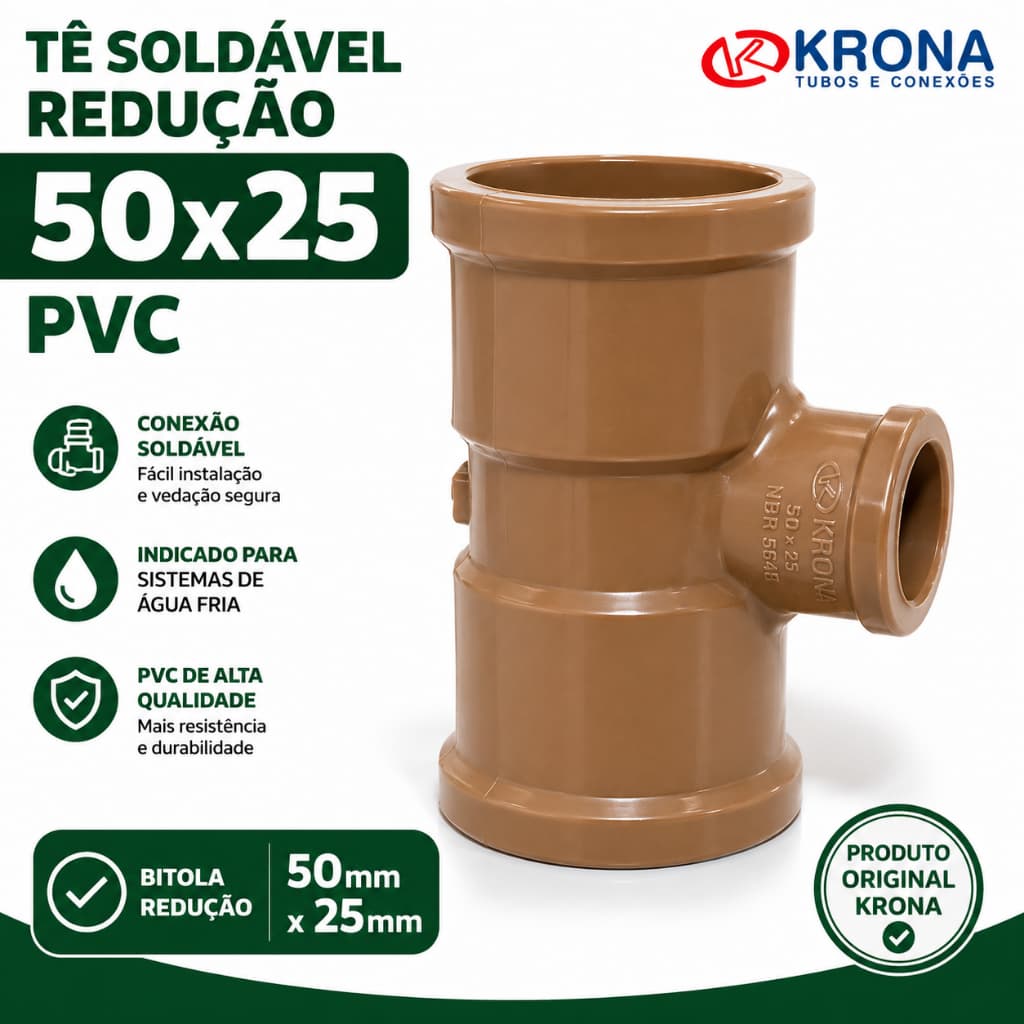 Tê Soldável Redução 50x25mm PVC Conexão Hidráulica Água Fria Encanamento