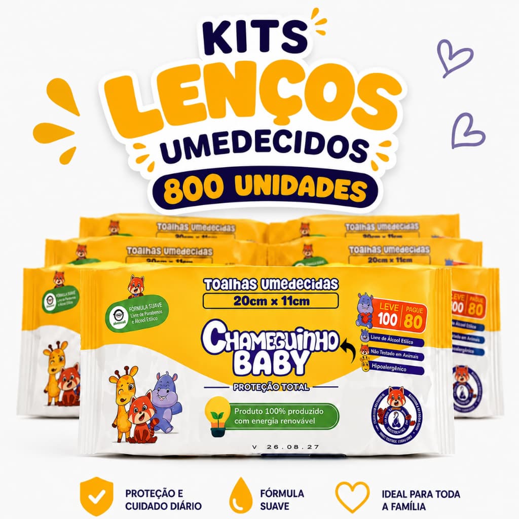 Kit 800 Toalhas Umedecidas Chameguinho Baby Lenço Umedecido para Bebê Higiene Infantil