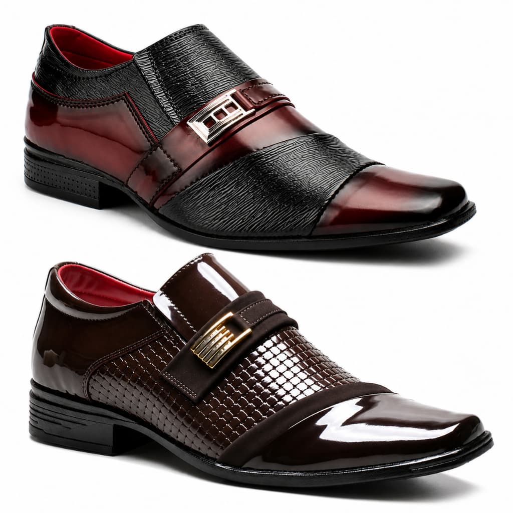 Sapato Social Masculino Kit 2 Pares Verniz Bordô Café Moderno Confortável Fivela Lançamento