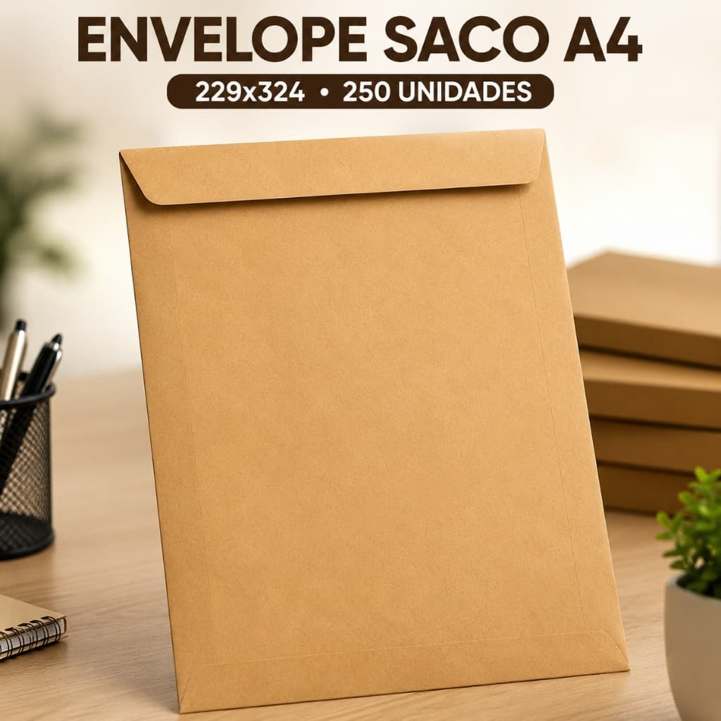 Envelope Saco A4 Kraft Pardo 229x324mm 75g Caixa 250 Unidades para Documentos Escritório