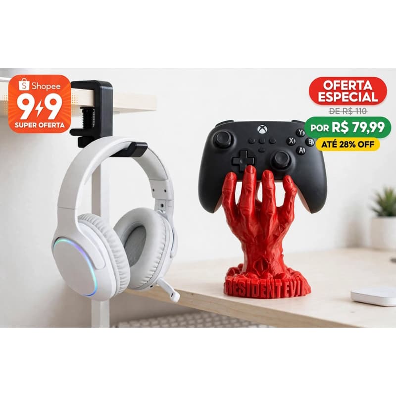 Suporte Para Controle xbox ps5 ps4 Pc - Resident Evil Mão Zumbi + brinde suporte headset minimalista kit gamer