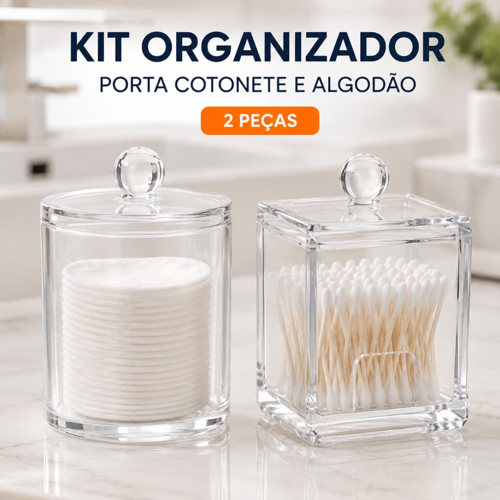 Porta Cotonete e Algodão Transparente Kit 2 Peças Organizador de Banheiro e Penteadeira com Tampa