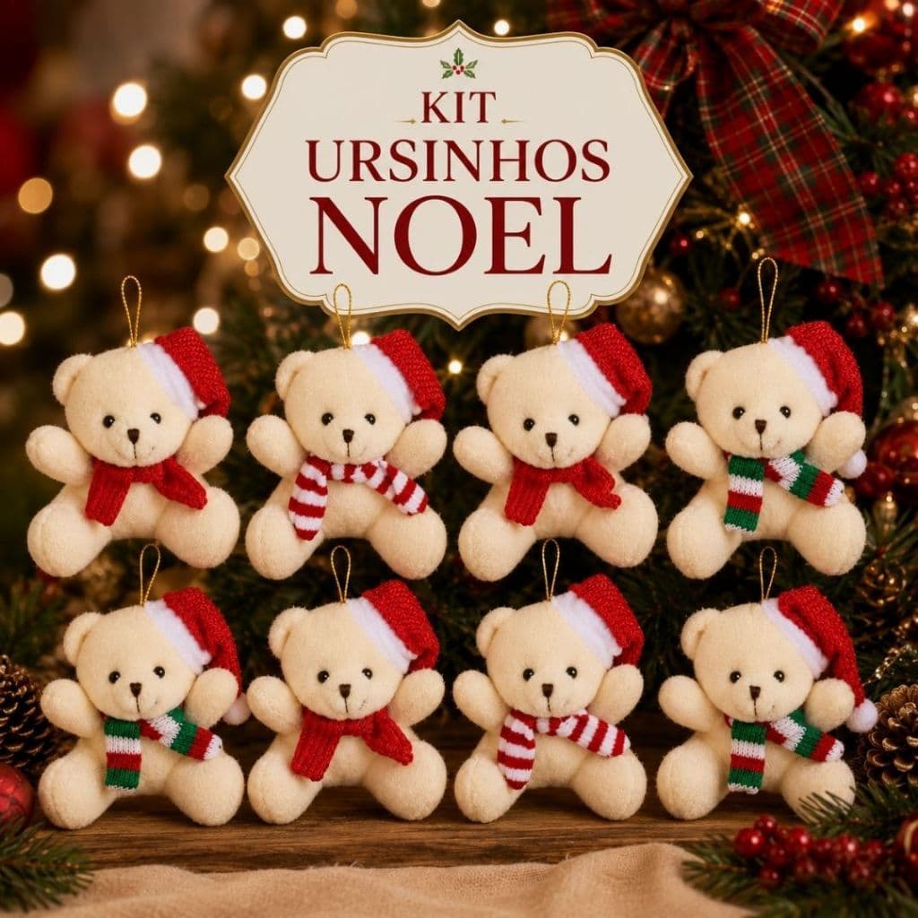 Kit c/8 Ursinhos de Natal Pelúcia Enfeite Árvore Pendente Casal Decoração Natalina