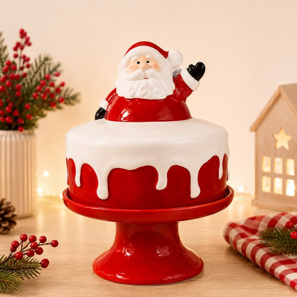 Boleira Porta Bolo de Porcelana Natalina Papai Noel Vermelha 20,5x16cm