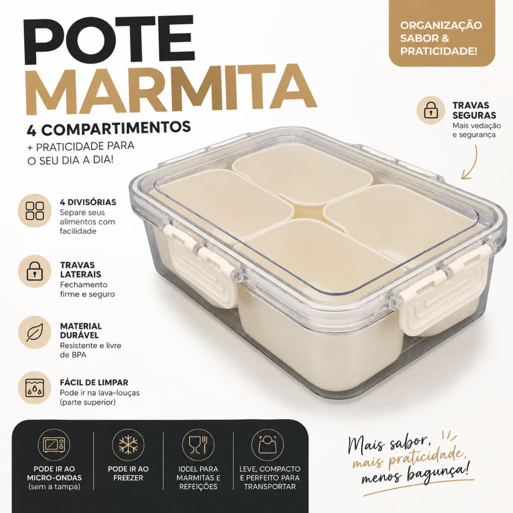 Marmita Organizadora com 4 divisória de plástico com tampa vedada