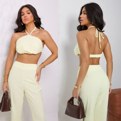 Kit 2 Conjuntos Alfaiataria Ferminino Calça Pantalona Social com Cropped Costas Nua Elegante Premium