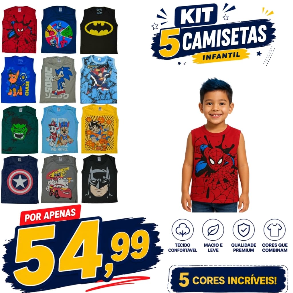 Camisetas Infantil Regata Kit 5  Peças Diversos Desenhos Divertidos