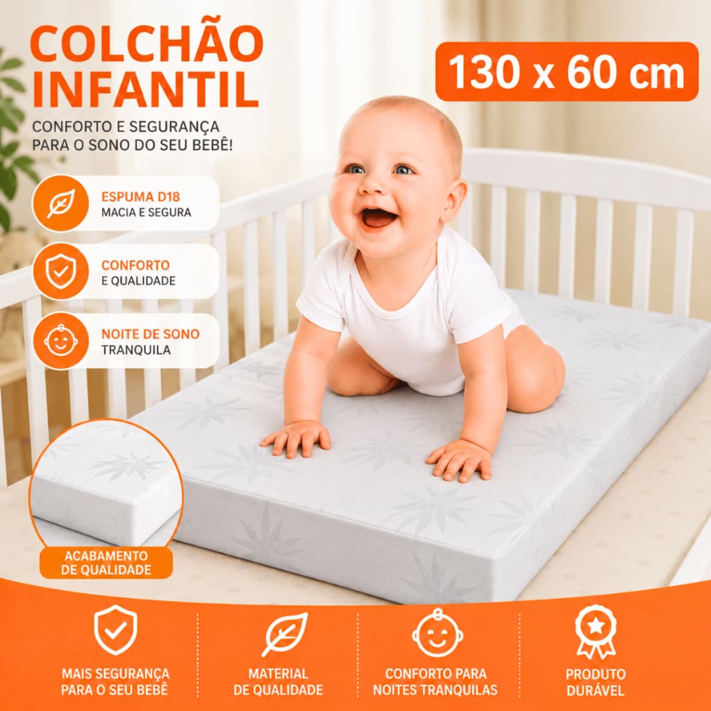 Colchão Infantil Bebê 130x60cm Espuma Impermeável Antialérgico fácil limpa Para Berço e Chiqueirinho