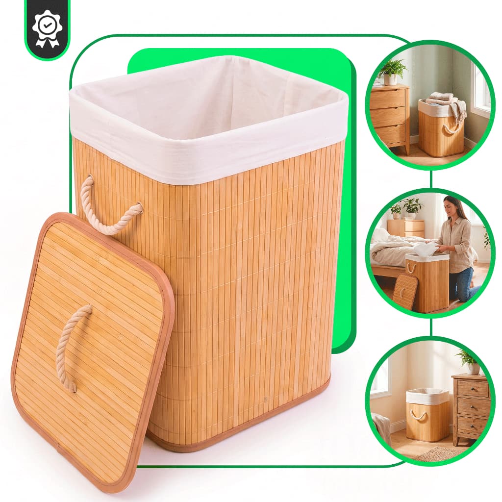 Cesto De Roupa Suja Bambu 72 Litros Dobravel Organizador Forrado Banheiro 60cm Grande Cesto Retangular Lavanderia