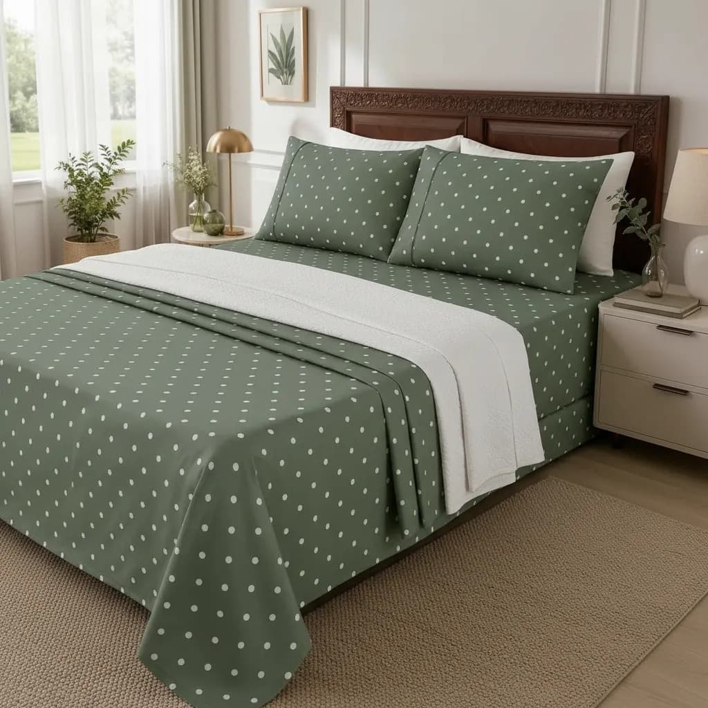 Jogo De Cama Lençol Virol Elástico Queen 400 Fios 4 Peças Poá Bolinhas Verde