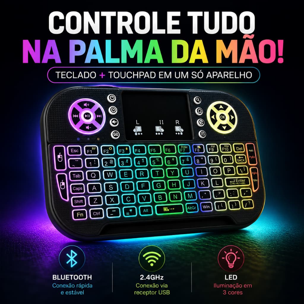 Mini Teclado Sem Fio Bluetooth 2.4GHz com Touchpad LED para Smart TV TV Box PC USB Altomex AL-313R
