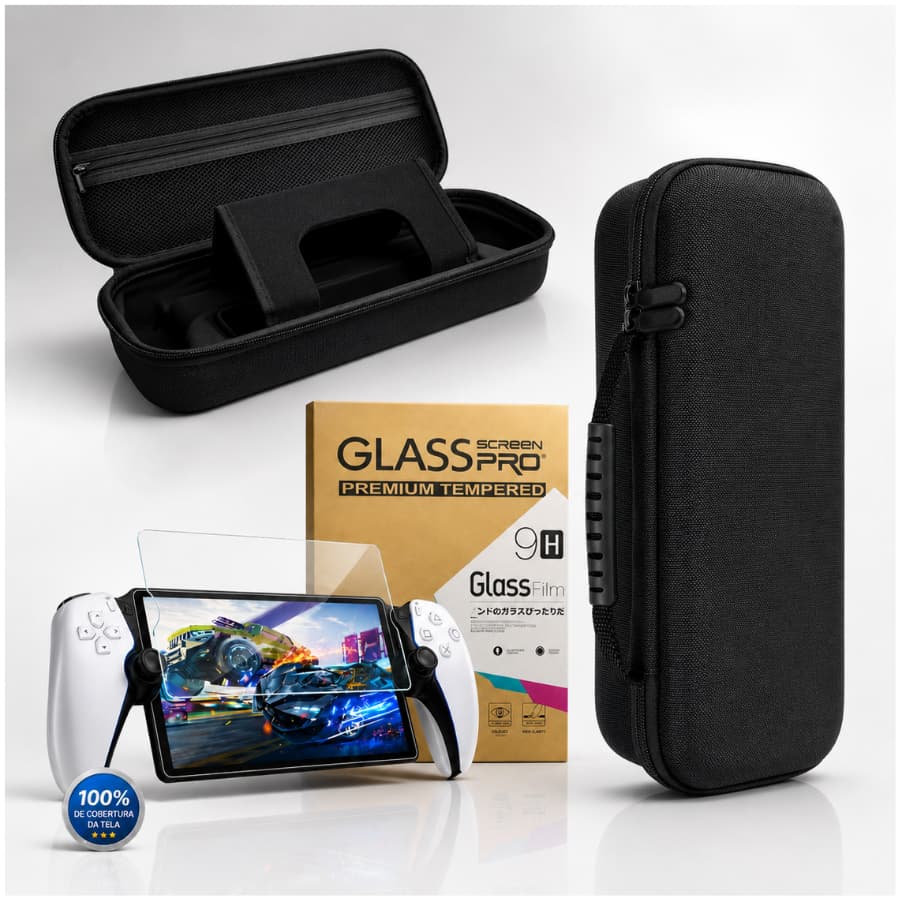 Kit Estojo Capa Case Bag + Película de Vidro Bordas 3D Versão Japonesa para Ps5 Portal Proteção