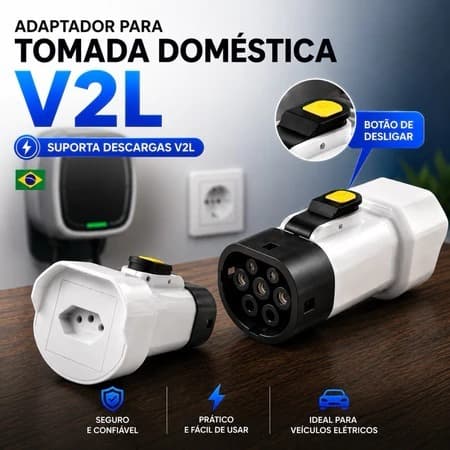 Adaptador V2L 16A Tipo 2 para Tomada Doméstica BR Alimentação Veículo-para-Carga