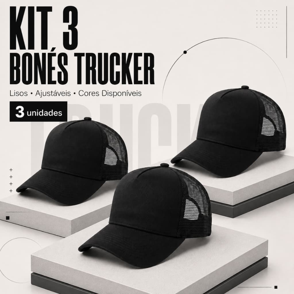 Kit 3 Bonés Trucker Americano Liso Unissex Aba Curva com Tela Traseira Ajuste Snapback