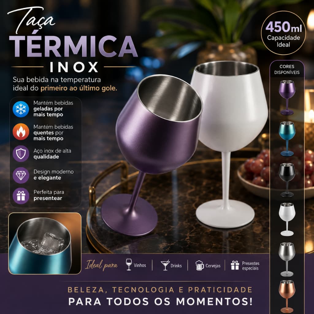 Taça De Gin 2 Em 1 Térmica Inox Com Tampa e Canudo 410ml