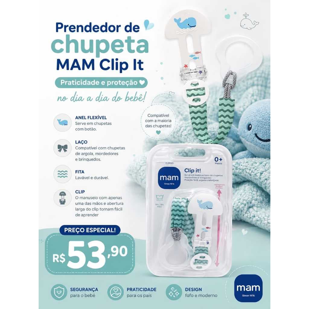 PRENDEDOR DE CHUPETA MAM AZUL CLIP IT ORIGINAL MAM PRENDEDOR BICO BEBÊ MENINO COM ARGOLA ADAPTADOR