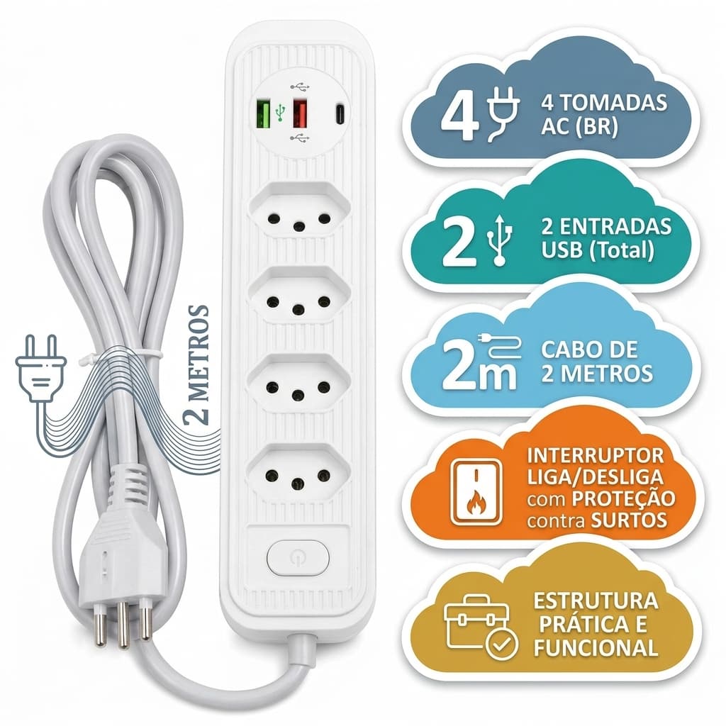Extensão Régua 4 Tomadas Com Interruptor Filtro de Linha  Cabo 2 metros e 2 Entradas USB