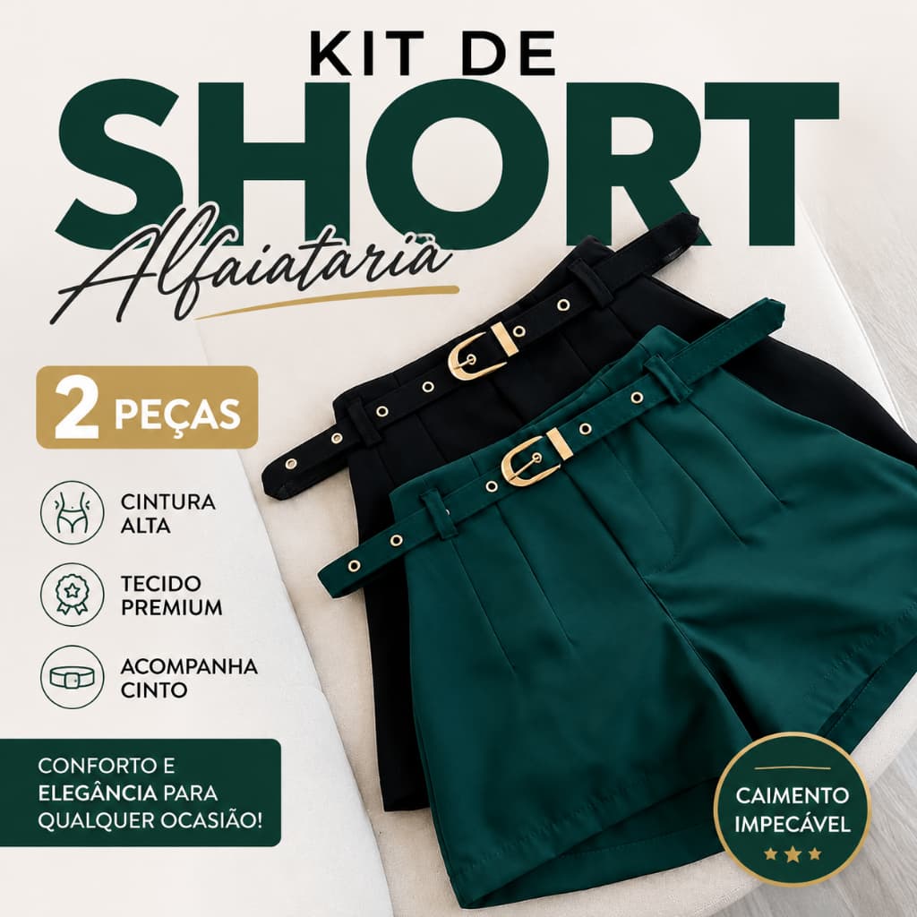 KIT 2 Short Feminino com Cinto Elegante, Cintura Alta e Bolsos Funcionais