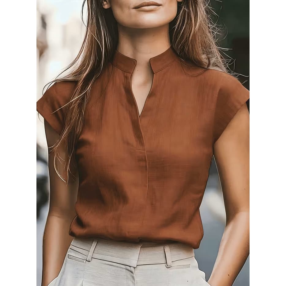Blusa Feminina Decote V Gola Alta Sem Mangas Verão Casual Elegante