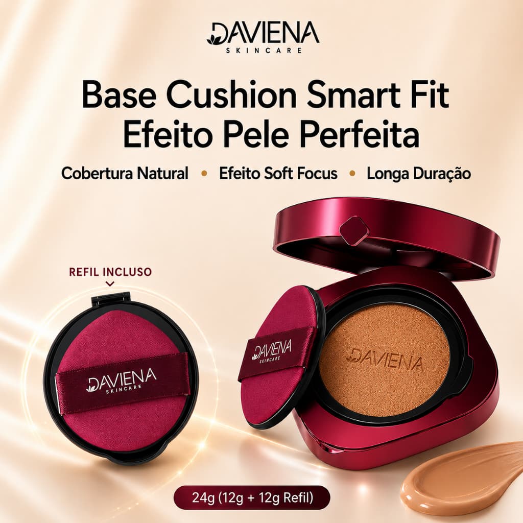 DAVIENA Base Cushion Smart Fit 24g (12g + Refil 12g) Base Líquida Matte, Cobertura Natural com Puff de Maquiagem