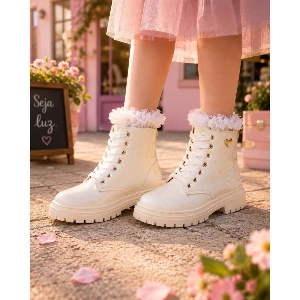 Bota Header Kids Verniz Coração Ouro Menina Coturno