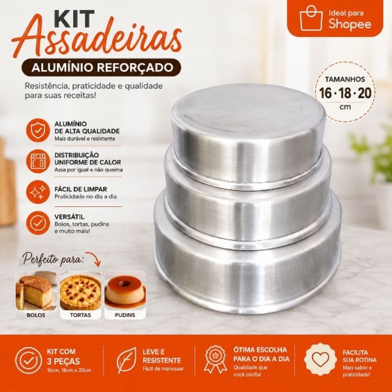 Kit Assadeira De Bolo Redonda Baixa Alumínio Reforçada Vários Tamanhos 16Nº18Nº20º