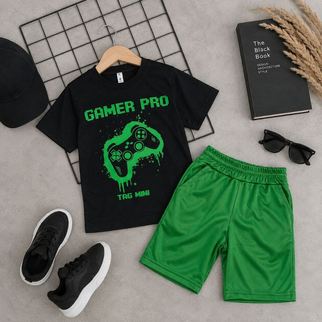 Conjunto Masculino Juvenil GAMER PRO camisa de algodão com bermuda de chimpa