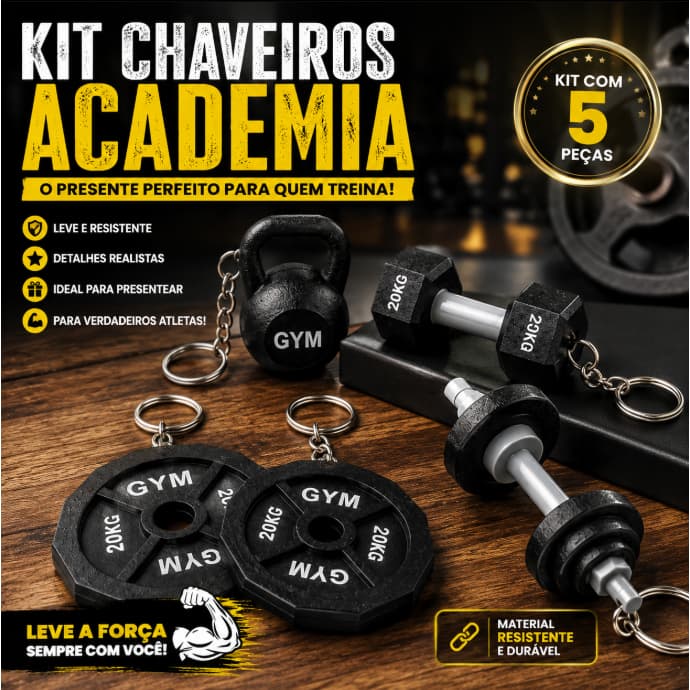 Kit Chaveiro Academia 5 Unidades Fitness Halter Anilha Kettlebell Peso Musculação Bolsa Mochila Presente Atleta Crossfit