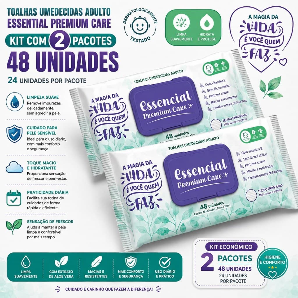Kit 2 Pacotes Lenços Umedecidos Essencial Premium Care (96 Unidades) – Higiene e Cuidado Adulto