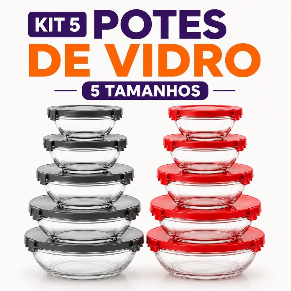 Conjunto Potes de Vidro Redondos 5 Tamanhos com Tampa Cozinha