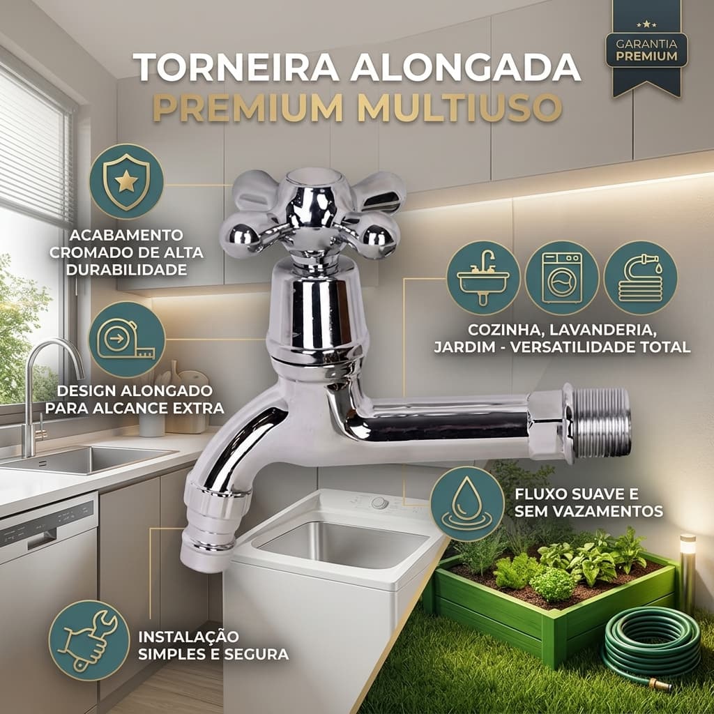 Torneira Alongada Cromada Multiuso Premium para Cozinha, Lavanderia e Jardim
