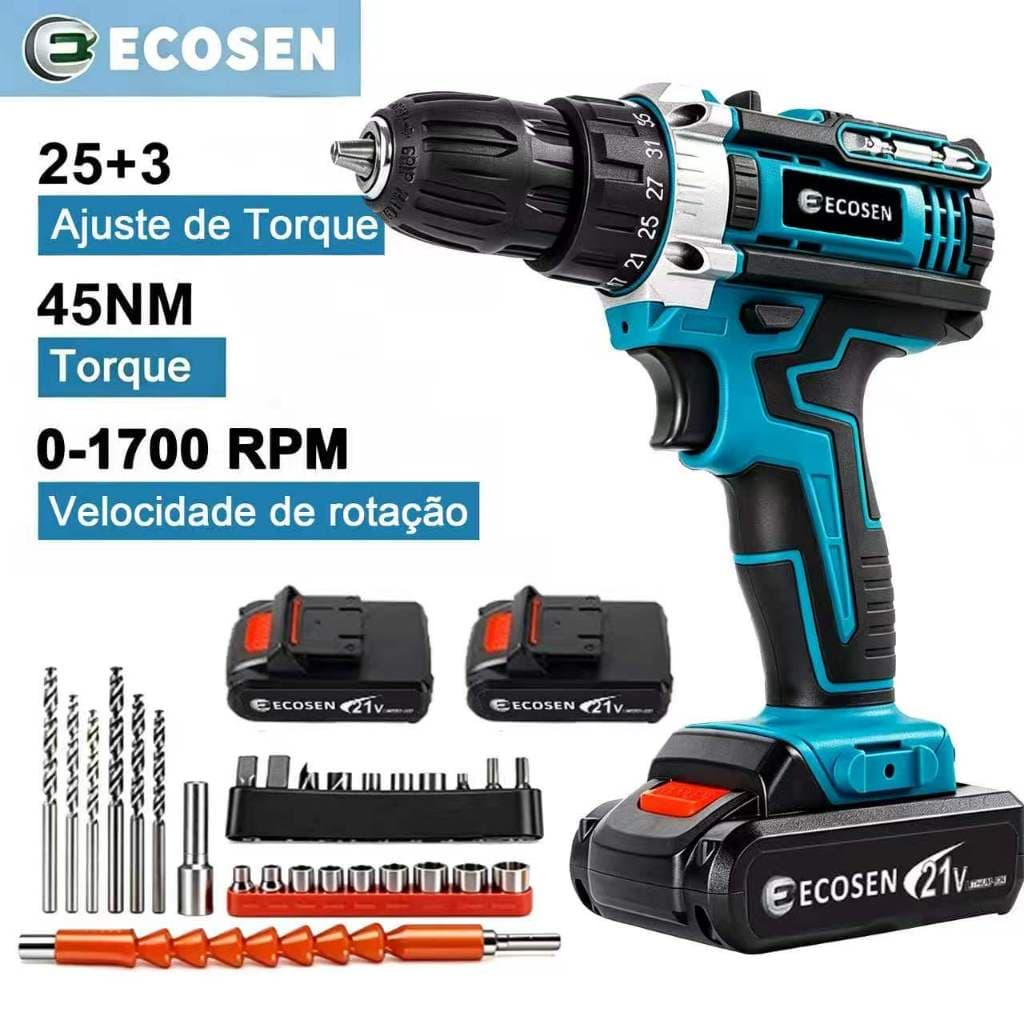 Parafusadeira Furadeira de Impacto Sem Fio Bateria Duas Baterias 45N.m