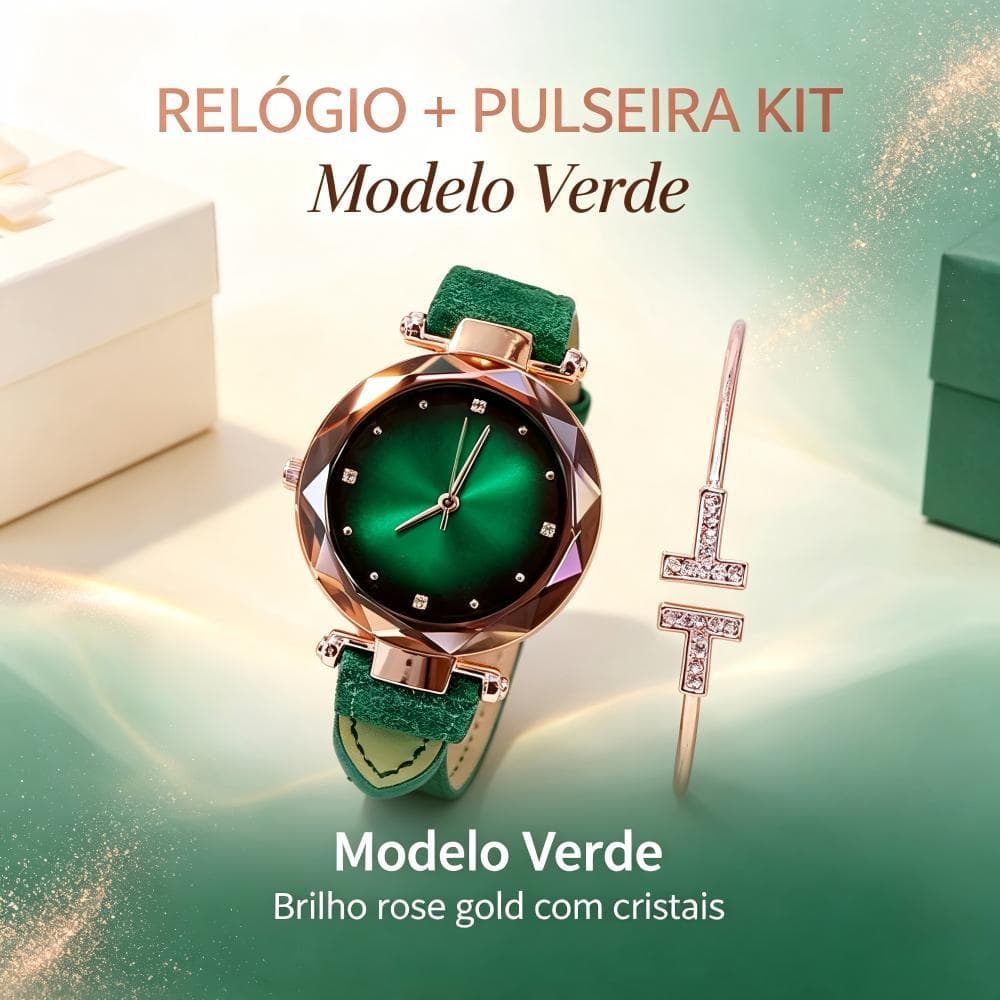 Eletromex Conjunto Relógio + Pulseira Feminino Luxo Rose Gold Verde Brilho com Cristais para Dia a Dia e Eventos